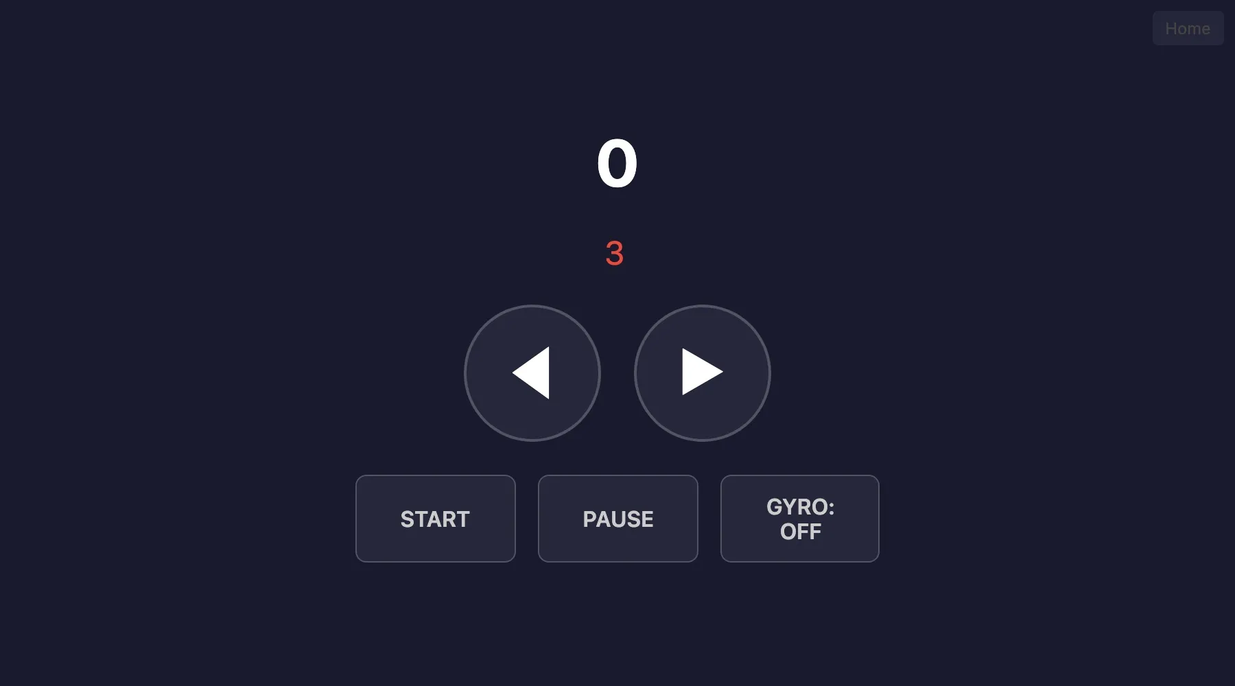 A landscape phone-style controller layout: large left and right arrow buttons in the center, START PAUSE and GYRO OFF buttons below, score and lives at the top, a Home link in the corner