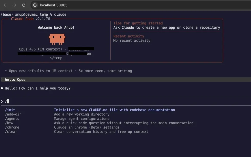 Claude Code v2 running inside a browser terminal at localhost, showing the welcome screen and slash command list